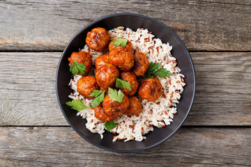 Homemade meatballs with fried rice , portion for lunch or dinner. Top view.