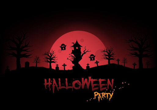 Happy halloween poster banner with tree house and Cemetery Mark on red moon background.