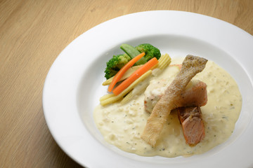 Homemade Grilled Salmon Steak and Vegetables Toping with Salmon Crispy Skin