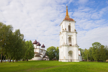 View of the old bell tower on Cathedral Square on an August morning. Kargopol. Arkhangelsk region, Russia