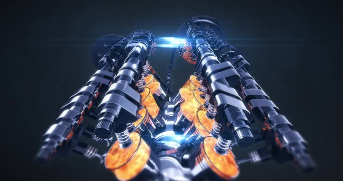 3D V8 Engine Animation - Lens Flares And Visual Effects. Pistons And Other Mechanical Parts Are In Motion With Explosions.