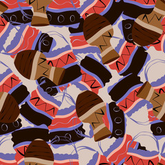 Seamless pattern with ethnic bags and jugs. Souvenirs, travel.