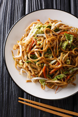 Delicious chinese stir fried from chow mein noodles with vegetables close-up on a plate. Vertical top view