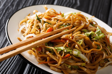 Traditional recipe for fried chow mein noodles with vegetables close-up on a plate. horizontal