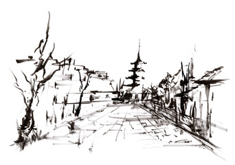 三重塔が見える墨絵風景