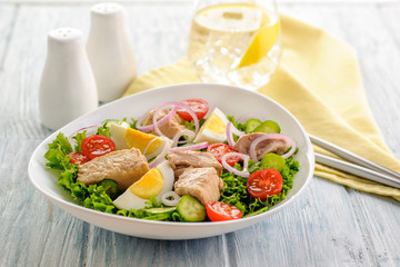 Fresh vegetable salad with boiled chicken egg and fish.