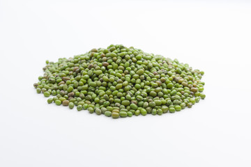 Close-up of mung bean pile  with white background isolated