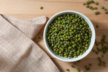 Top View of Green Mung Beans in a White Bowl on Wooden Table