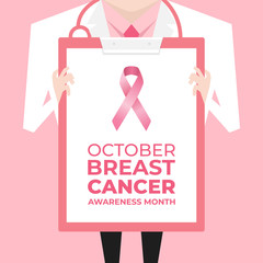 Doctor with lab coat holding a clipboard showing a pink ribbon sign. Breast Cancer Awareness banner.