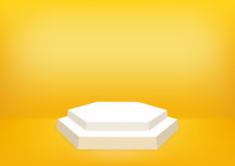 Empty podium studio orange background for product display with copy space. Showroom shoot render. Banner background for advertise product.