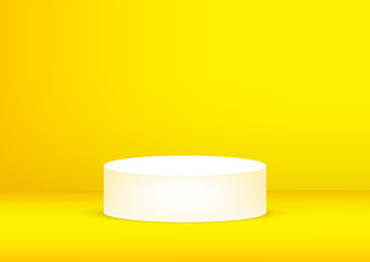 Empty podium studio yellow background for product display with copy space. Showroom shoot render. Banner background for advertise product.
