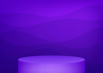 Empty podium studio violet background for product display with copy space. Showroom shoot render. Banner background for advertise product.