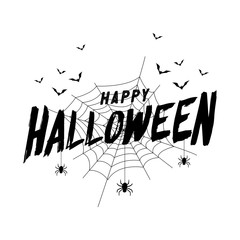 Happy Halloween text banner with bat and spider web.