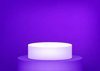 Empty podium studio violet background for product display with copy space. Showroom shoot render. Banner background for advertise product.
