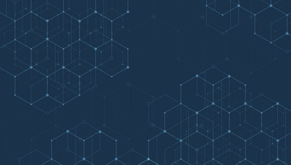 Abstract lines and dots connect on blue background. Technology connection digital data and big data concept.