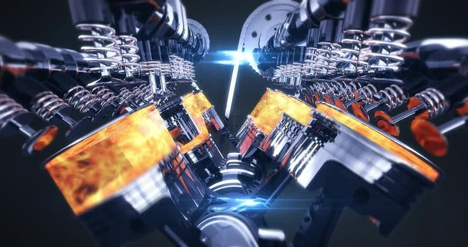 V8 Engine Animation With Explosions - Camera Slowly Moving. Pistons And Other Mechanical Parts Are In Motion With Explosions.