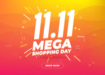 11.11 Mega shopping day sale poster or flyer design. Global shopping world day Sale on colorful background. 11.11 Crazy sales online.