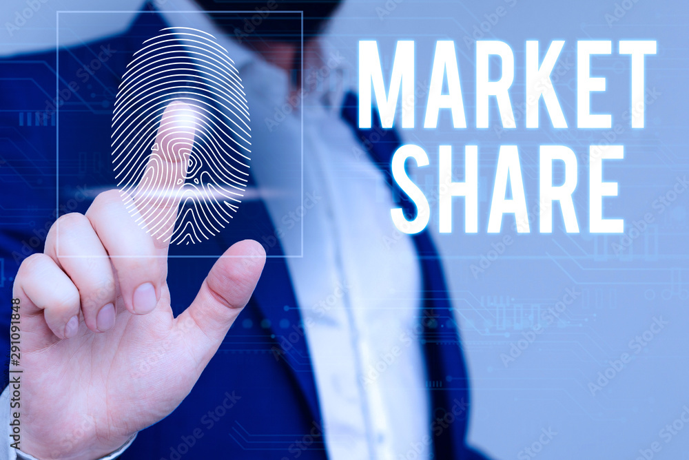 Poster writing note showing market share. business concept for the portion of a market controlled by a part