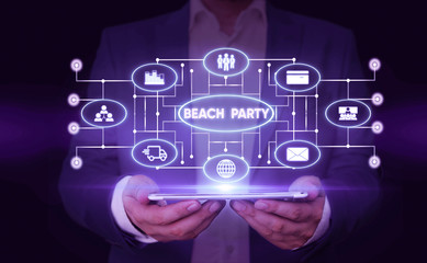 Writing note showing Beach Party. Business concept for small or big festival held on sea shores usually wearing bikini Male wear formal suit presenting presentation smart device