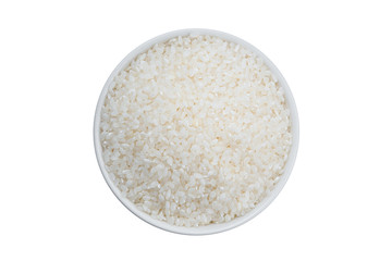 Fototapeta na wymiar Top view close up of Thai jasmine rice uncook in glass bowl, a long-grain variety of fragrant rice, white background isolate, clipping path