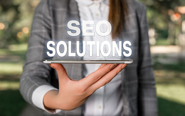 Word writing text Seo Solutions. Business photo showcasing Search Engine Result Page Increase...