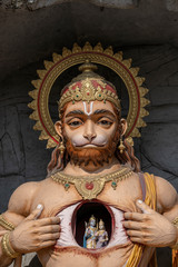 Hanuman statue, Hindu idol near Ganges River, Rishikesh, India. Sacred places for pilgrims