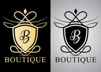Boutique logo with crest and custom brush swirl isolated on background. Letter B logo, Initials logo, suitable for any company, ready to print, easy to edit, available in two different style design.