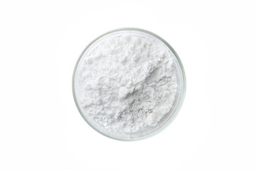 Close-up of flour or starch, Corn starch or tapioca starch powder in glass bowl background isolate
