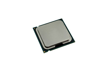 Close up view of front side CPU (Central Processing Unit) or Microchip Computer isolated on white...