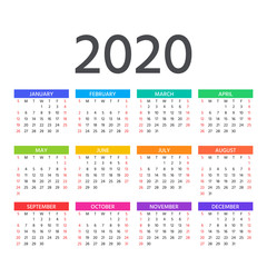 Calendar 2020 year. Vector. Week starts Sunday. Calender layout. Stationery template. Yearly organizer in minimal design, English.