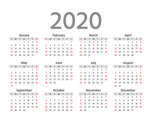 Calendar 2020 year. Week starts Sunday. Vector. Yearly calender organizer. Stationery template in minimal design. Layout grid. Landscape orientation, English