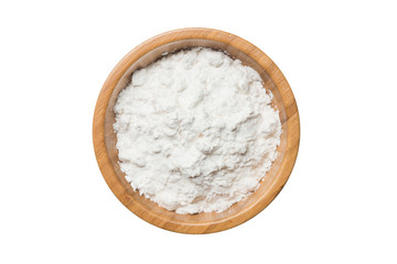 Top view tapioca starch powder in wooden bowl background isolate