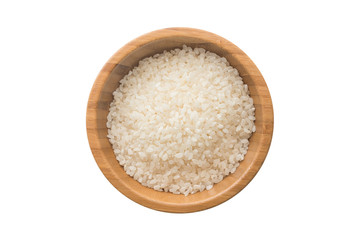 Fototapeta na wymiar Top view of Japanese rice in wooden bowl white background isolate