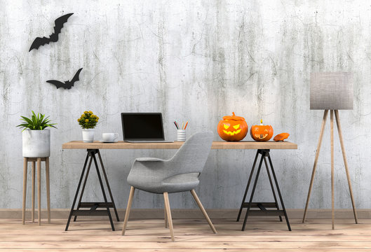 Halloween party interior living room with laptop computer and pumpkins. 3D render
