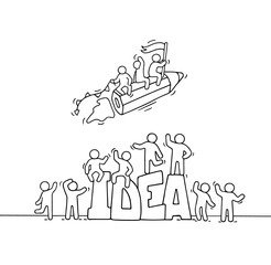 Fototapeta premium people with flying pencil and big word Idea.