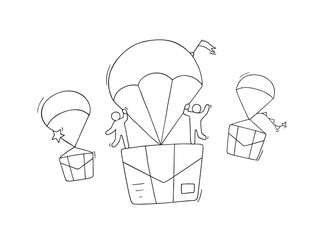 scene of workers with flying letters