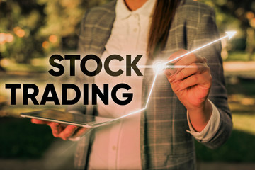 Word writing text Stock Trading. Business photo showcasing Buy and Sell of Securities Electronically on the Exchange Floor