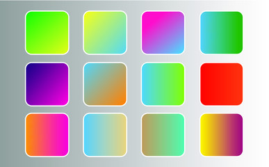 Holographic gradient sphere button. Multicolor green purple yellow orange pink cyan fluid circle gradients, colorful soft round buttons or vivid color spheres flat vector set