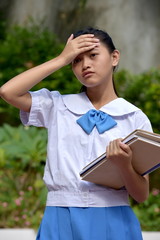 Cute Girl Student With Fever With School Books