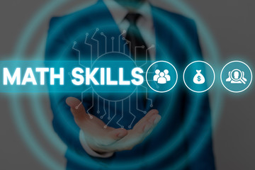 Text sign showing Math Skills. Business photo showcasing starting to learn how to count numbers add...