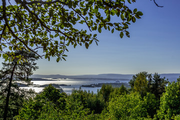 Obraz na płótnie Canvas Oslo fjord as seen from Ekeberg park (Ekebergparken), during a sunny summer day.