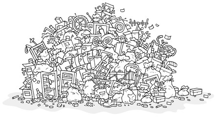 Fototapeta premium Big heap of household rubbish, trash bags and broken junk, black and white outline vector illustration