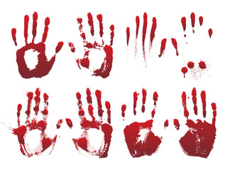 Set of bloody red horror hand prints. Design elements for Halloween decoration.