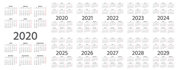 Spanish Calendar 2020, 2021, 2022, 2023, 2024, 2025, 2026, 2027, 2028, 2029 years. Vector. Week starts Monday. Spain calender template. Yearly organizer in minimal design. Portrait orientation.