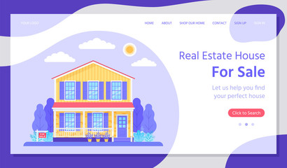 Sale house landing page. Vector. Real estate. Buy or rent house web page template. Home with garden in flat design. Investment property concept. Colorful Illustration. Horizontal banner.