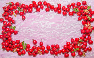 red berries of hawthorn with green leaves pink texture background with white stripes on it top view