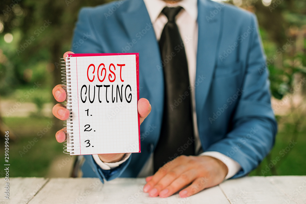 Poster text sign showing cost cutting. business photo text measures implemented to reduced expenses and imp