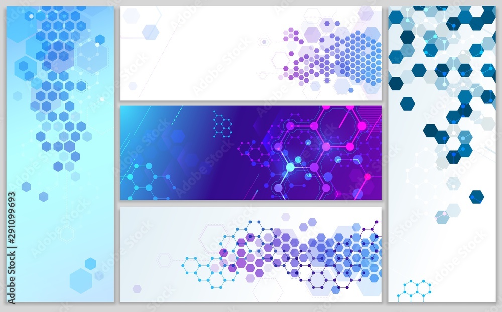 Poster molecular structure banners. abstract hexagonal grid, chemistry structures and dna model science. bi