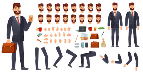 Cartoon businessman character kit. Business characters constructor, different hands gestures, face emotions and legs. Body parts to build businessman or manager character. Isolated vector signs set