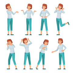 Cartoon woman character emotions. Women facial emotion, young female in casual clothing and smiling happy woman. depression, happy and cheerful lady expression. Isolated vector icons set